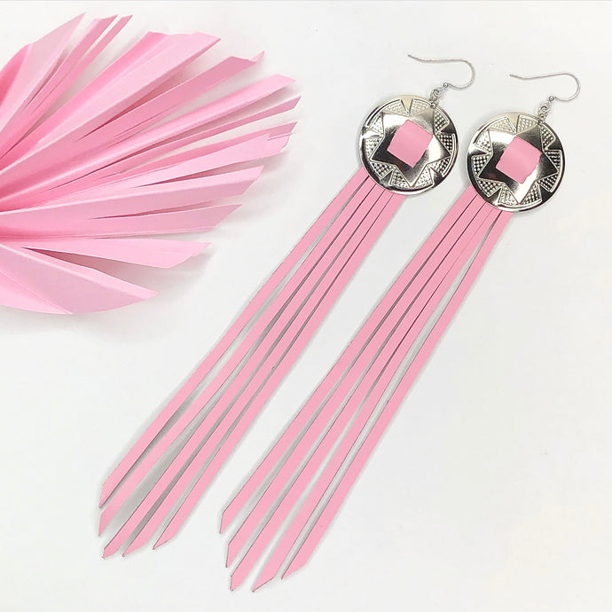 Silver Concho earrings with Pastel, baby pink, leather fringe on fish hooks