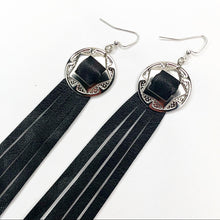Load image into Gallery viewer, Silver Concho, Black Leather Fringe earrings on Fishhooks
