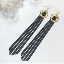 Load image into Gallery viewer, Gold Concho, Black Leather Fringe Earrings on a Fishhook 
