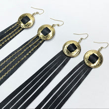 Load image into Gallery viewer, Gold Concho, Black Leather Fringe Earrings on a Fishhook 
