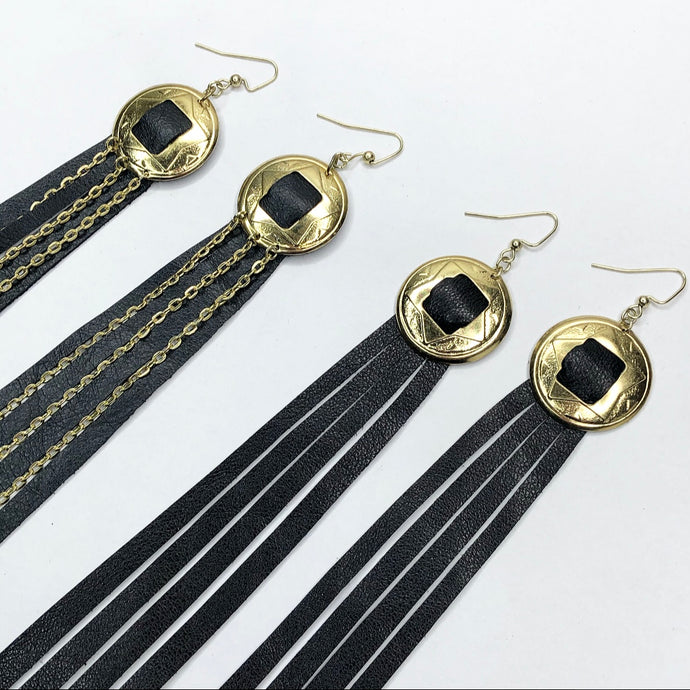 Gold Concho, Black Leather Fringe Earrings on a Fishhook 