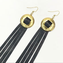Load image into Gallery viewer, Gold Concho, Black Leather Fringe Earrings with Gold chain on a Fishhook 
