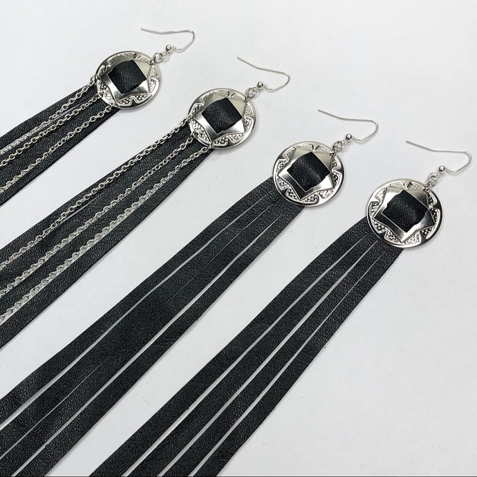 Silver Concho, Black Leather Fringe earrings on a Fishhook