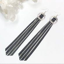 Load image into Gallery viewer, Silver Concho, Black Leather Fringe earrings with Chain on Fishhooks
