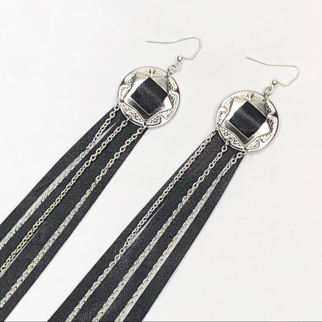 Silver Concho, Black Leather Fringe earrings with Chain on Fishhooks