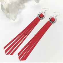 Load image into Gallery viewer, Silver Concho, Red Leather Fringe earrings without chain details on fish hooks
