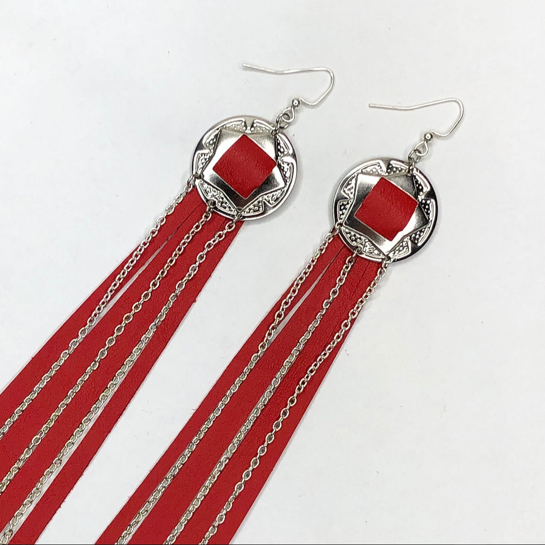 Silver Concho, Red Leather Fringe earrings with chain details on fish hooks