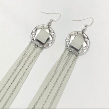 Load image into Gallery viewer, Silver Concho, White Leather Fringe Earrings with chain detailing on Fishhooks 
