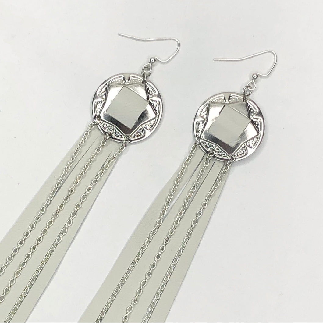 Silver Concho, White Leather Fringe Earrings with chain detailing on Fishhooks 