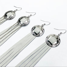 Load image into Gallery viewer, Silver Concho, White Leather Fringe Earrings with and without chain detailing on Fishhooks
