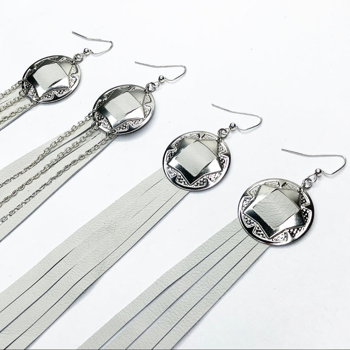 Silver Concho, White Leather Fringe Earrings with and without chain detailing on Fishhooks