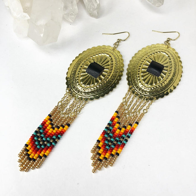 Large Gold Concho with dangly beading in golden yellow, orange, red and turquoise finished on fishhooks