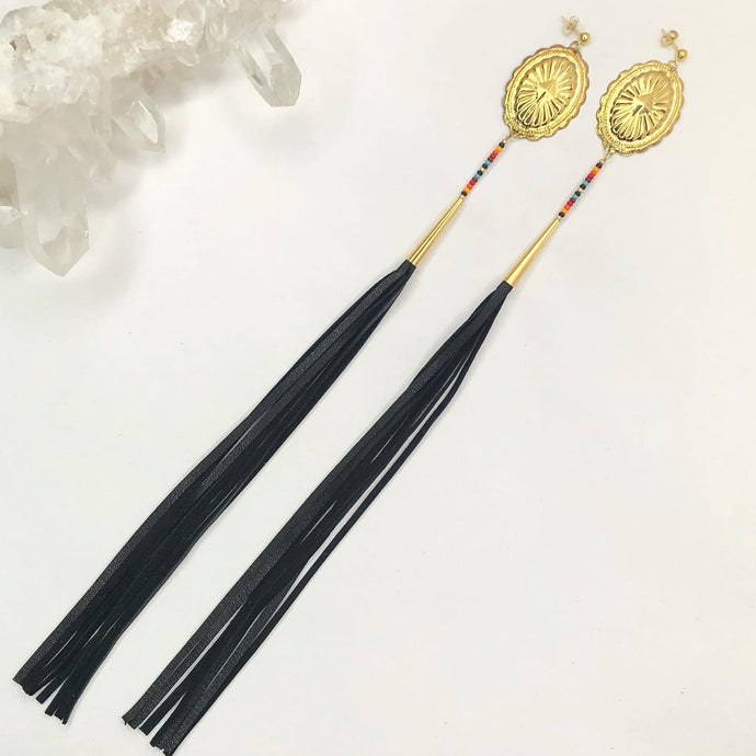 Gold Concho Earring with deep yellow, orange, red and turquoise beading and long black leather tassels on stud post