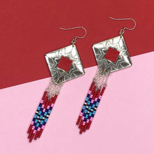 Load image into Gallery viewer, Diamond shaped silver concho with red, pink, baby blue &amp; navy dangling bead work on fishhooks
