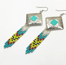 Load image into Gallery viewer, Diamond shaped silver concho with turquoise, red, yellow and green dangling bead work on fishhooks
