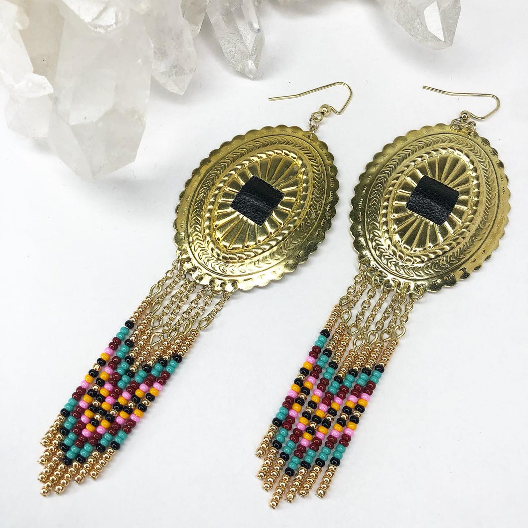 Large Gold Concho with dangly beading in turquoise, burgundy, light pink and deep yellow finished on fishhooks