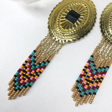 Load image into Gallery viewer, Large Gold Concho with dangly beading in turquoise, burgundy, light pink and deep yellow finished on fishhooks
