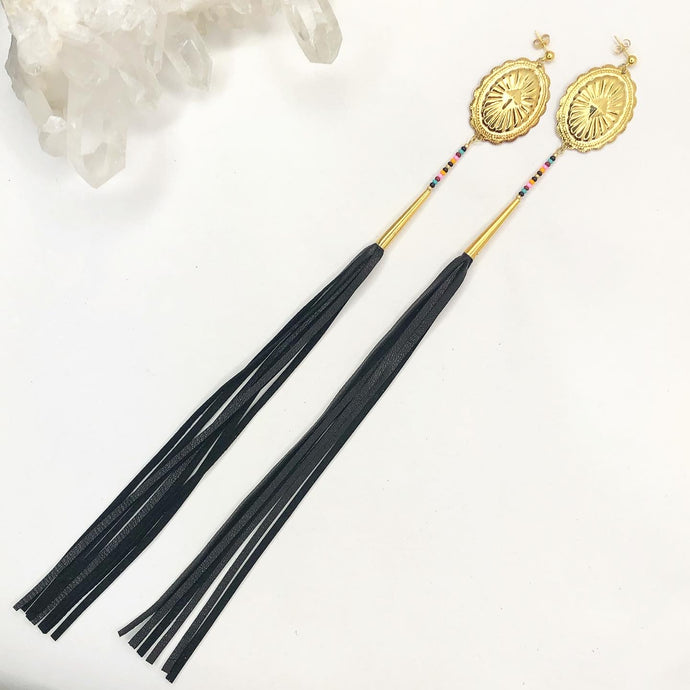 Gold Concho Earring with turquoise, burgundy, light pink and deep yellow beading and long black leather tassels on stud post