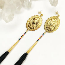 Load image into Gallery viewer, Gold Concho Earring with turquoise, burgundy, light pink and deep yellow beading and long black leather tassels on stud post
