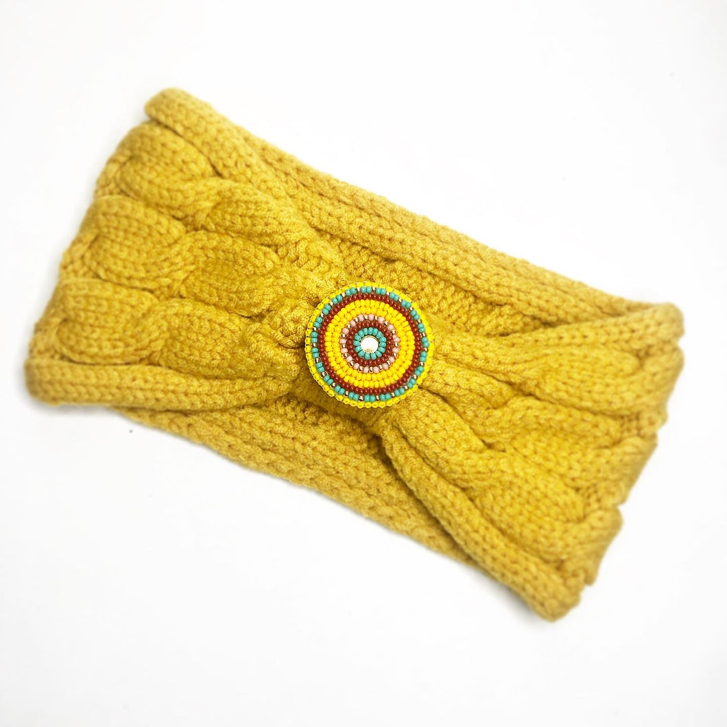 Mustard Yellow knit winter headband with beaded medallion