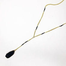 Load image into Gallery viewer, Oblong Black Faux Druzy Pendant on Gold chain with Black Beaded Accents
