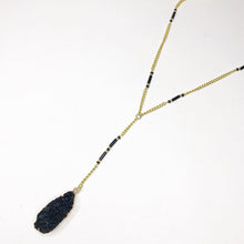 Load image into Gallery viewer, Oblong Black Faux Druzy Pendant on Gold chain with Black Beaded Accents
