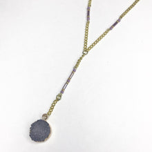 Load image into Gallery viewer, Grey Faux Druzy Pendant on Gold chain with smokey purple Beaded Accents

