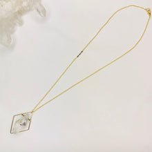 Load image into Gallery viewer, Gold Quartz Crystal necklace with diamond finding around the quarts and single beaded accent on the chain
