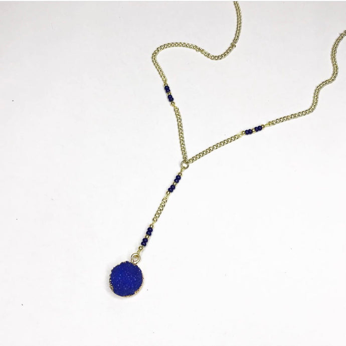 Royal Blue Faux Druzy Pendant on Gold chain with Blue Beaded Accents