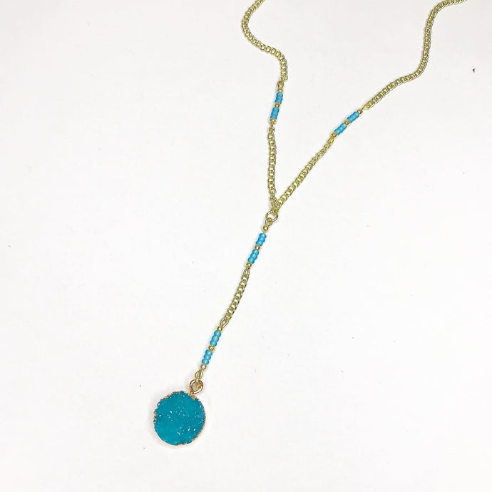 Turquoise Faux Druzy Pendant on Gold chain with Turquoise Beaded Accents