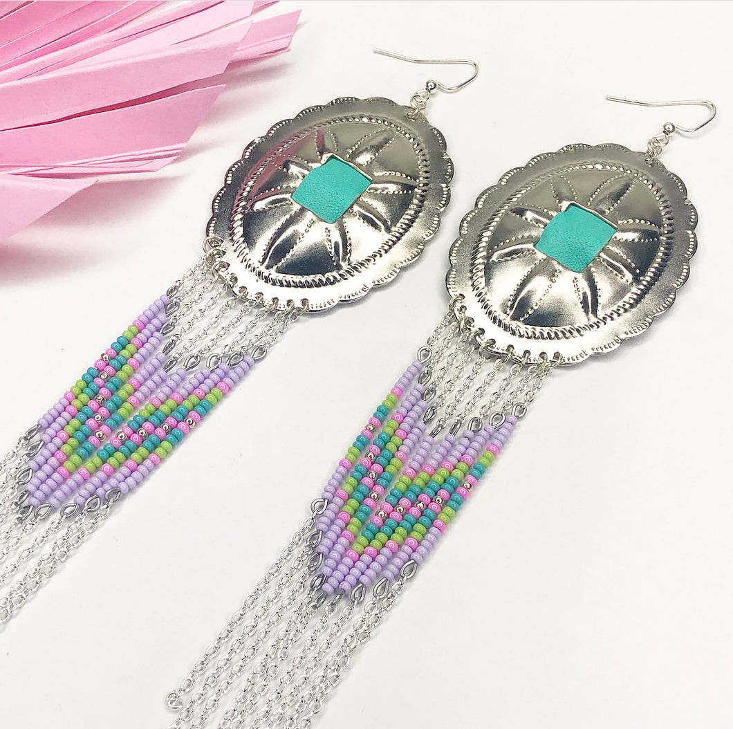 Large Silver Concho with dangly beading in lavender, pink, turquoise and green finished on fishhooks