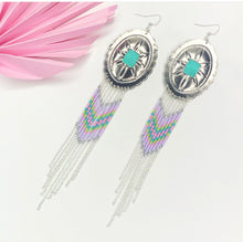 Load image into Gallery viewer, Large Silver Concho with dangly beading in lavender, pink, turquoise and green finished on fishhooks
