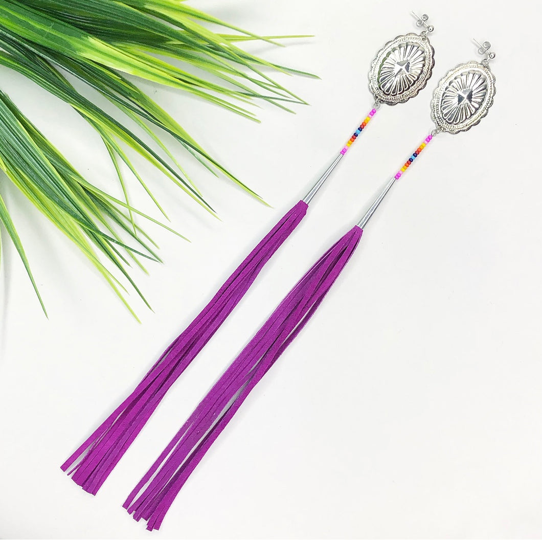 Silver Concho Earring with magenta, pink, yellow and blue beading attached to long magenta suede tassels on stud post