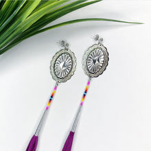 Load image into Gallery viewer, Silver Concho Earring with magenta, pink, yellow and blue beading attached to long magenta suede tassels on stud post
