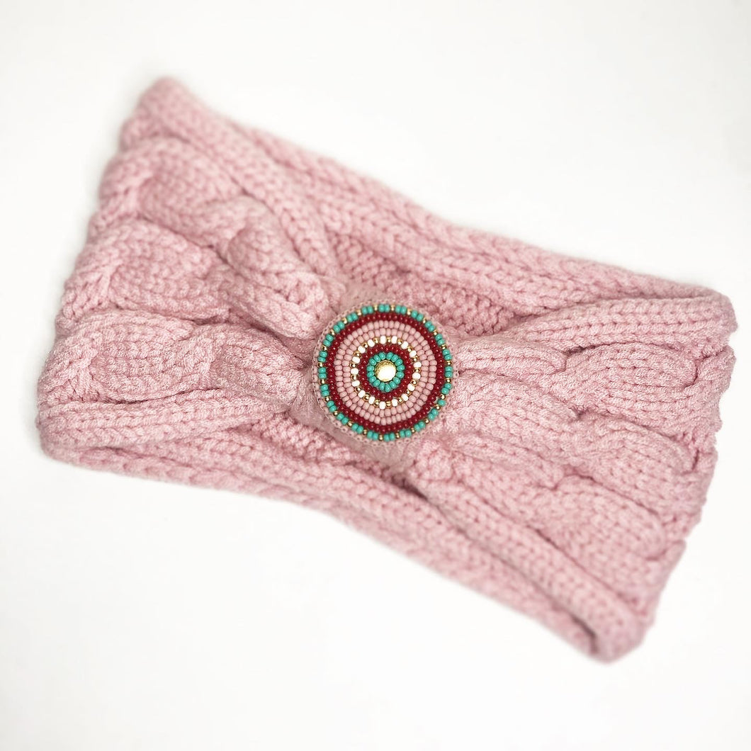 Vintage Rose knit winter headband with beaded medallion