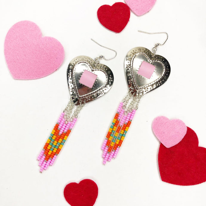 Silver Heart Concho Earrings with dangly beading in pink, orange, yellow and turquoise complete with fish hooks