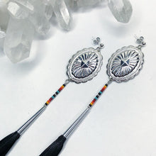 Load image into Gallery viewer, Silver Concho Earring with deep yellow, orange, red and turquoise beading attached to long black leather tassels on stud post
