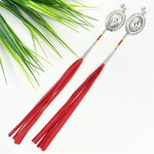 Load image into Gallery viewer, Silver Concho Earring with turquoise, yellow, red and blue beading attached to long red leather tassels on stud post
