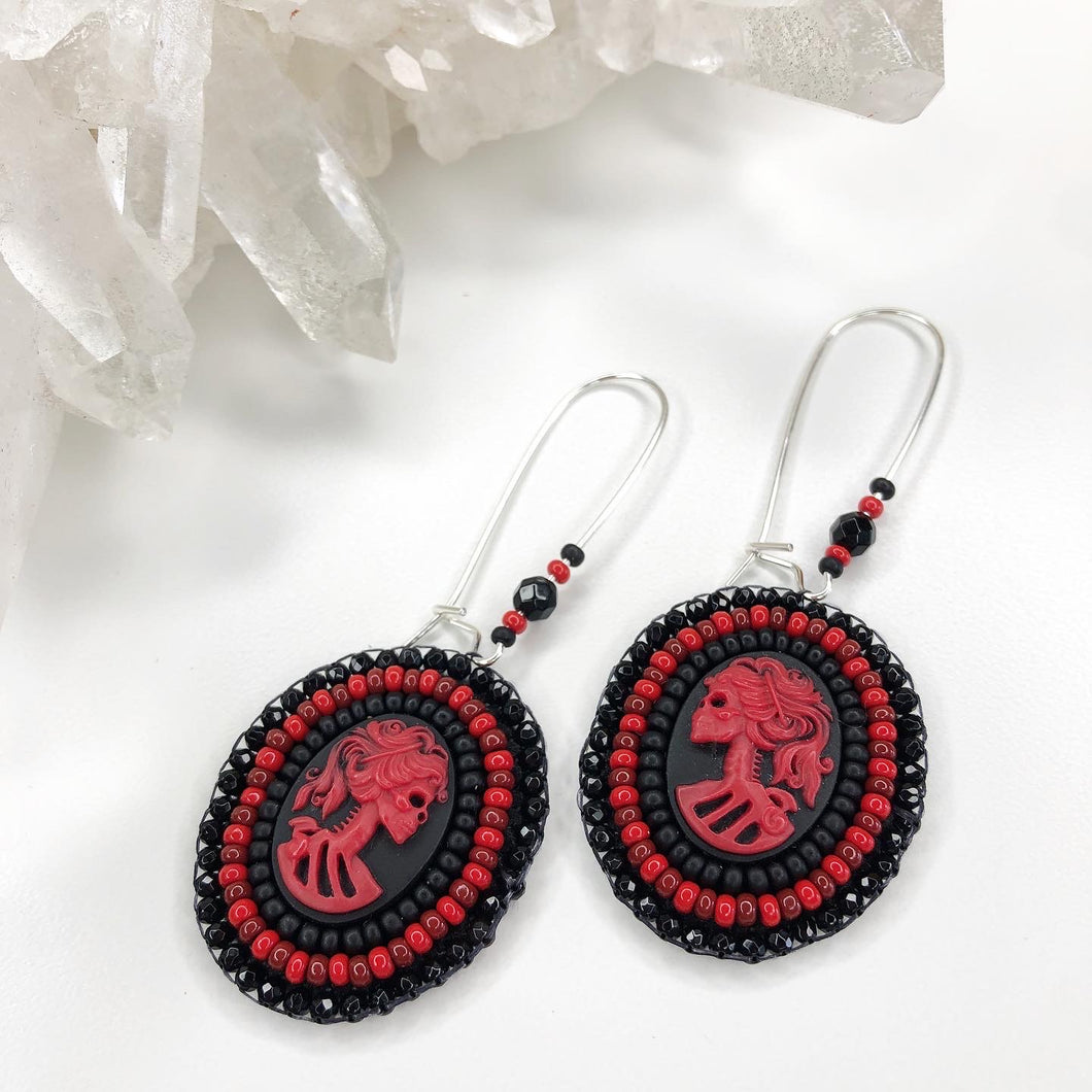 Haunted Victorian Cameo Earrings - Black & Red
