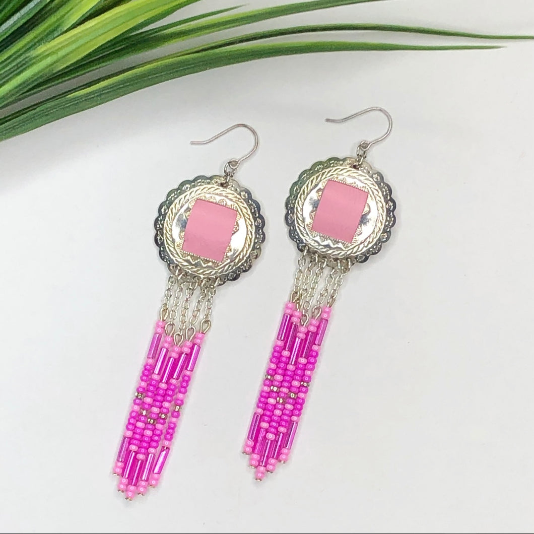 Silver Scalloped Concho earrings with monochromatic pink beading dangling down finished with fish hooks
