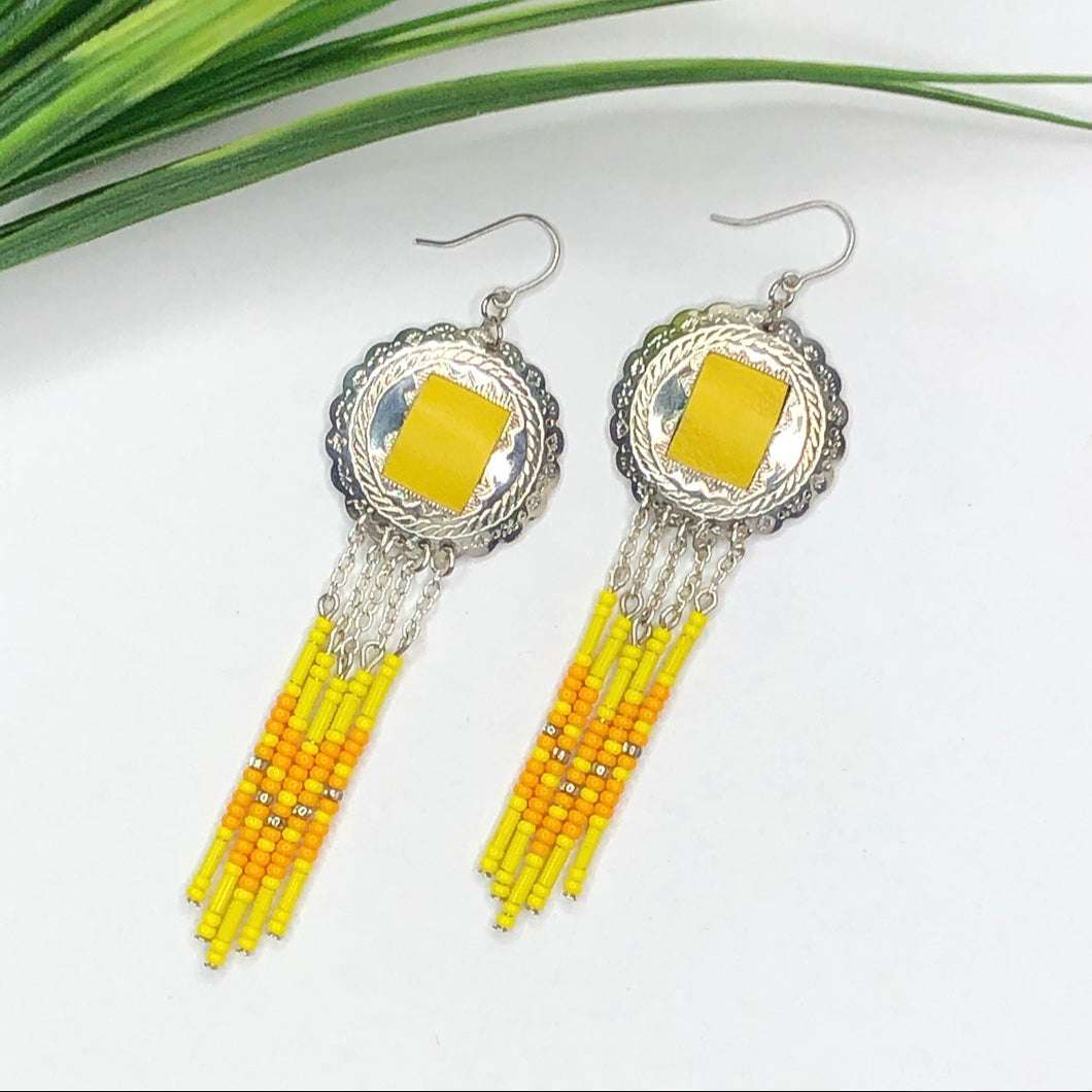 Silver Scalloped Concho earrings with monochromatic yellow beading dangling down finished with fish hooks