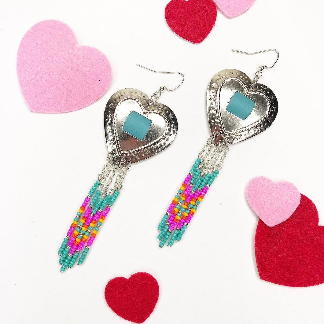 Silver Heart Concho Earrings with dangly beading in turquoise, magenta, orange and yellow complete with fish hooks