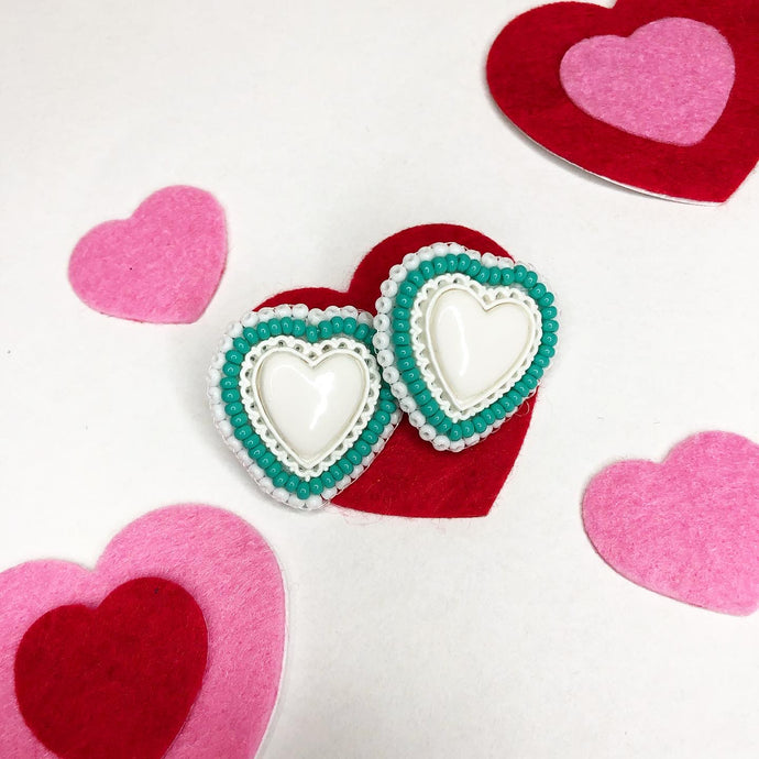 Turquoise and White Heart beaded stud earrings