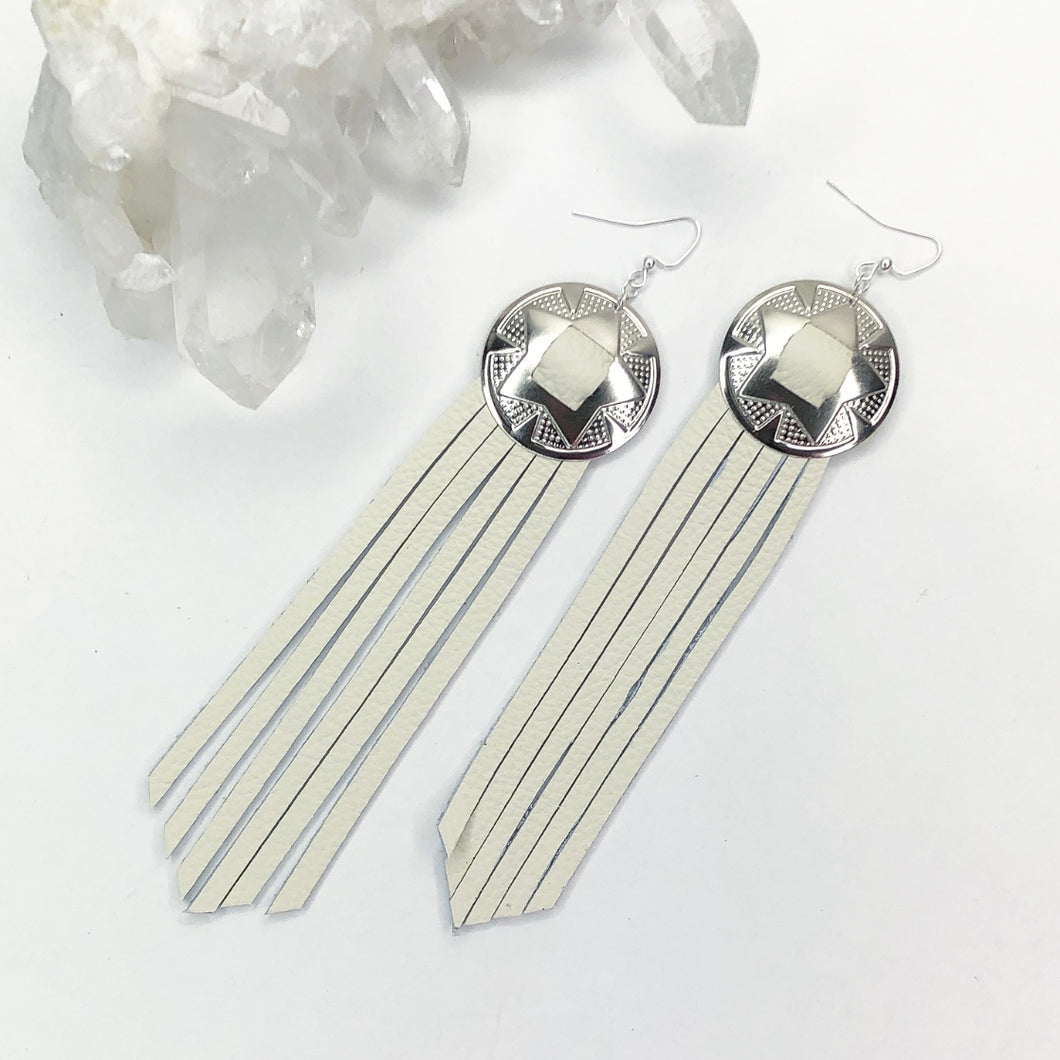 White Leather Fringe Earrings on a Silver Star Concho with rhodium hooks