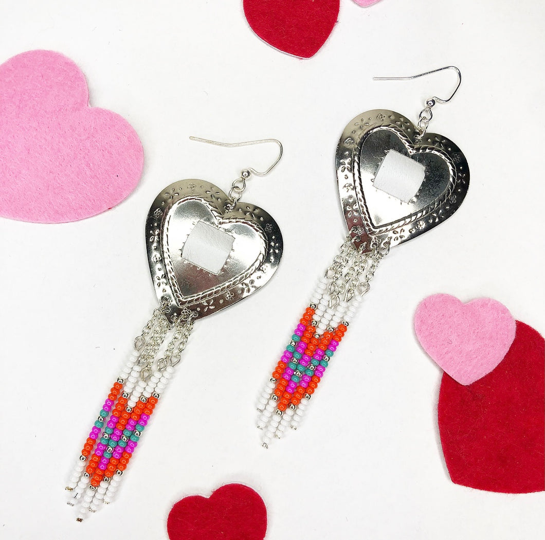 Silver Heart Concho Earrings with dangly beading in white, magenta, orange and turquoise complete with fish hooks
