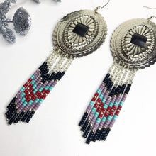 Load image into Gallery viewer, Large Silver Concho with dangly beading in black, dusty lavender, turquoise and deep red finished on fishhooks

